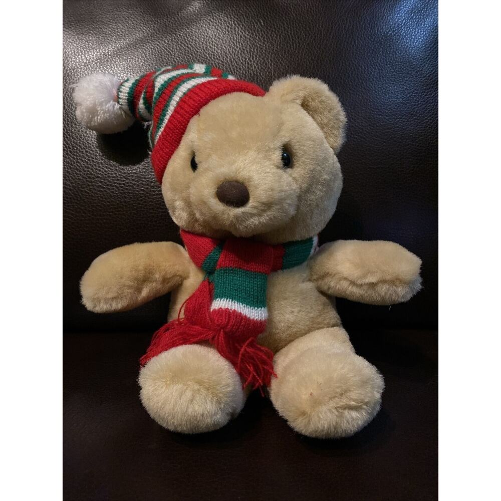 Christmas Bear Cuddle Wit‎ Plush 9" Stuffed Red Green Hat Scarf Holiday VTG